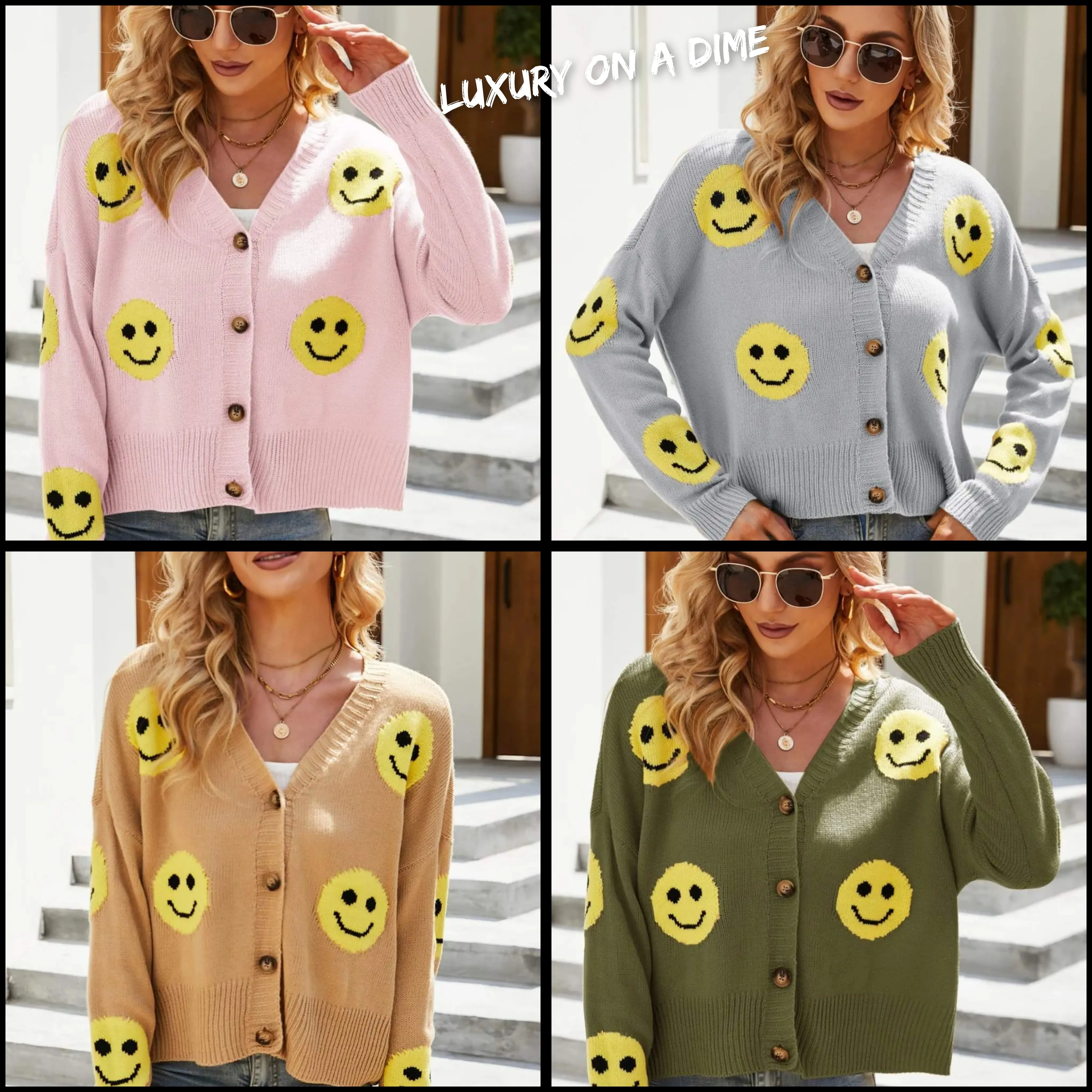 Retro Smiley Face Cropped Classic Knit Button Front Long Sleeve Cardigan