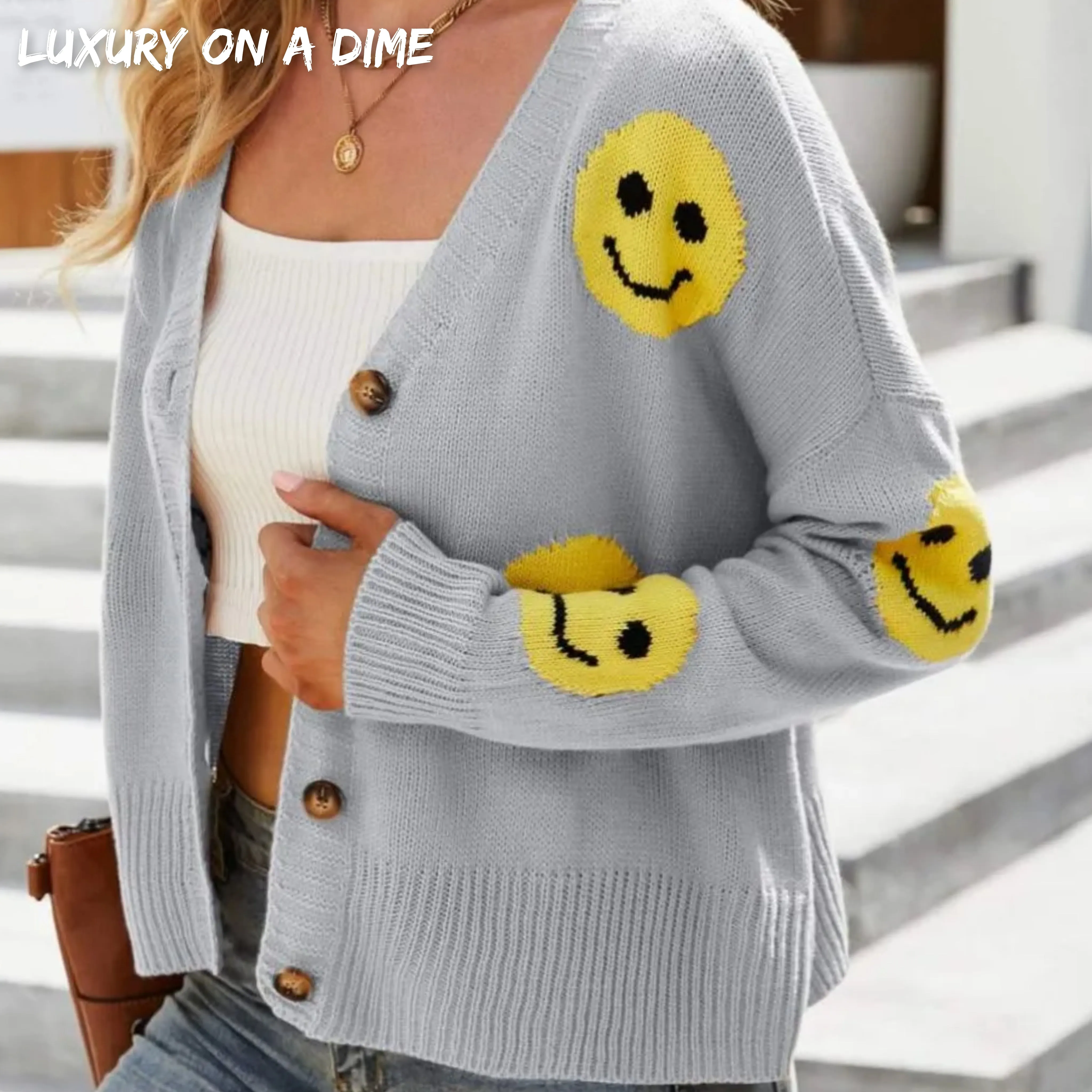 Retro Smiley Face Cropped Classic Knit Button Front Long Sleeve Cardigan