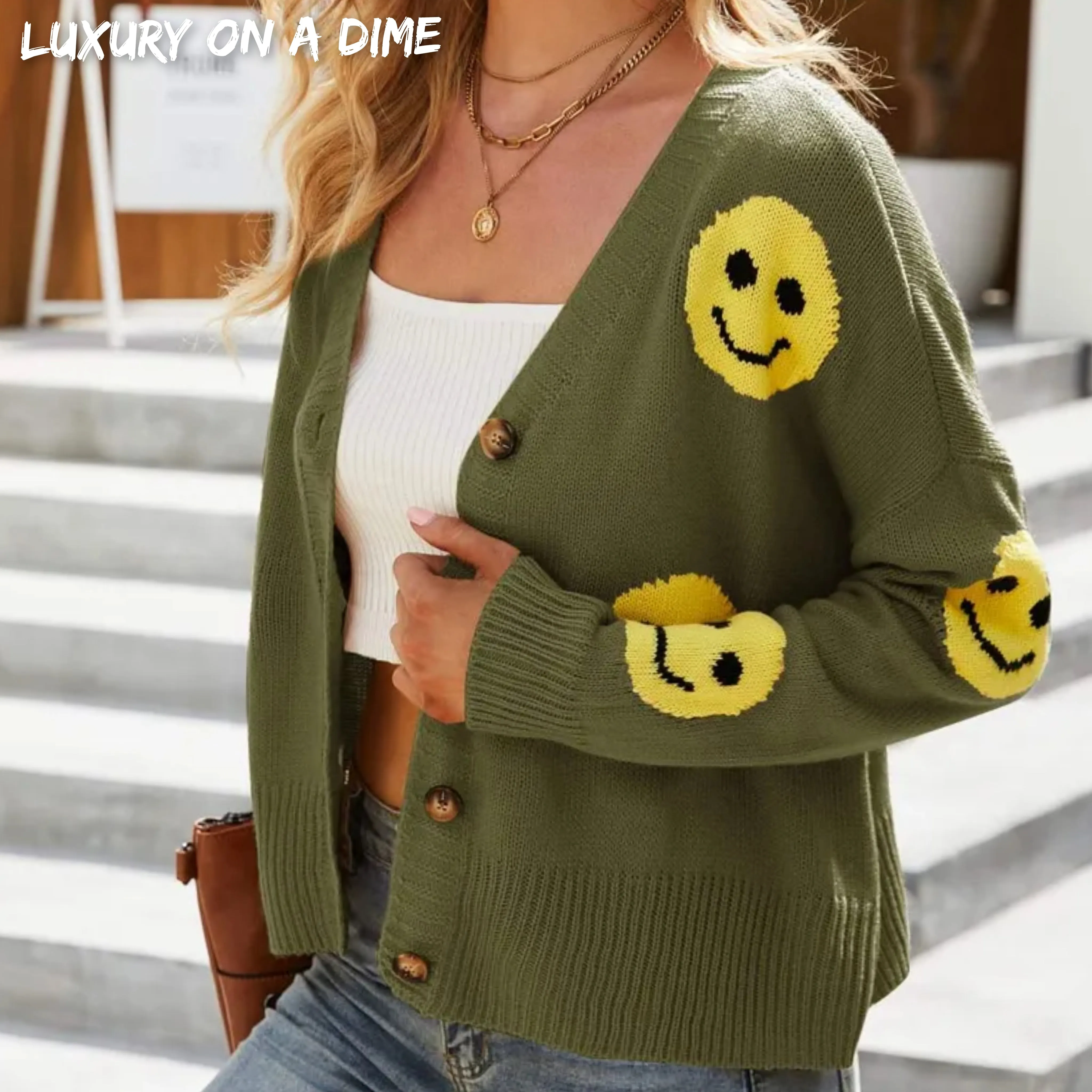 Retro Smiley Face Cropped Classic Knit Button Front Long Sleeve Cardigan