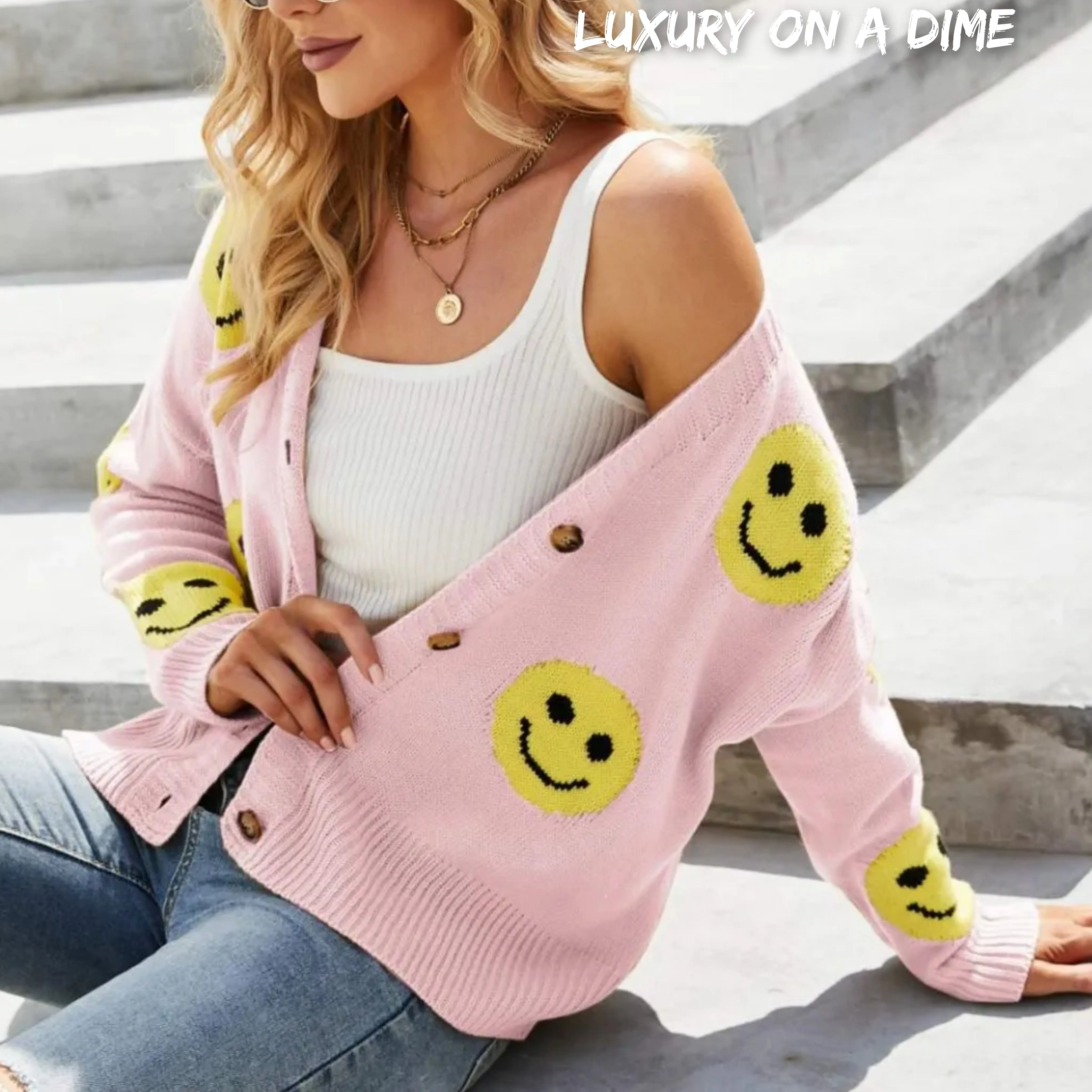 Retro Smiley Face Cropped Classic Knit Button Front Long Sleeve Cardigan