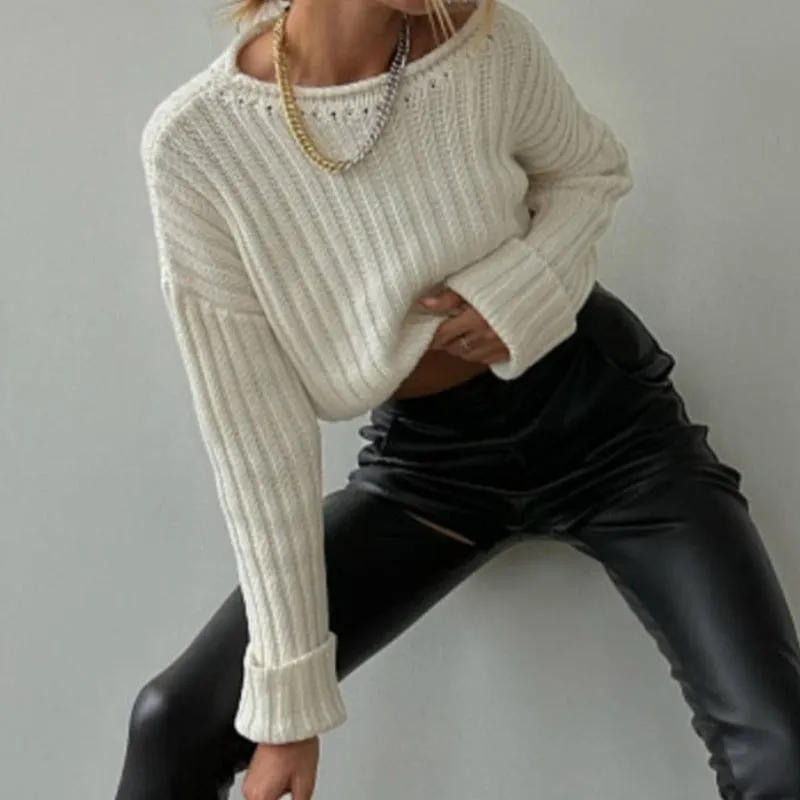 Ribbed Knit Crewneck Cotton Crop Sweater