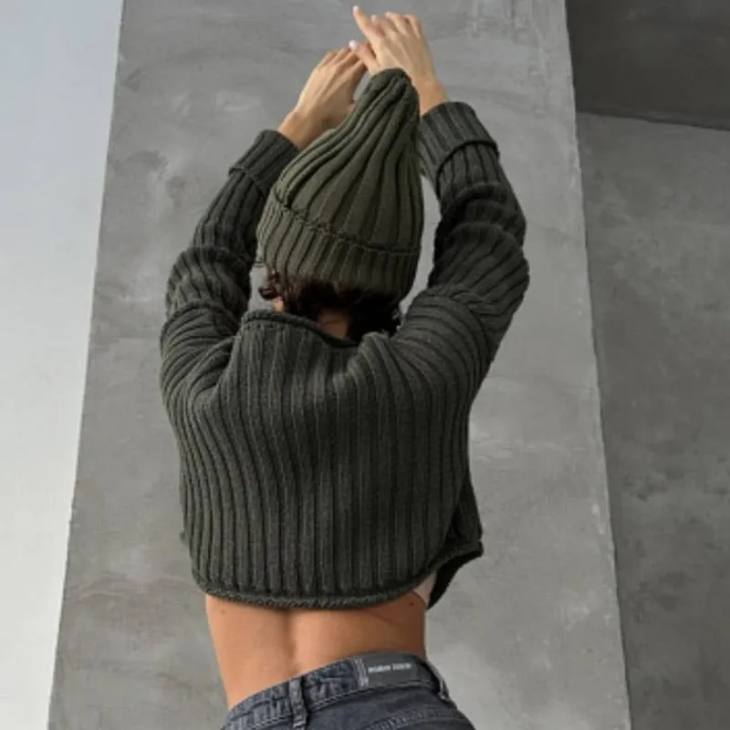 Ribbed Knit Crewneck Cotton Crop Sweater