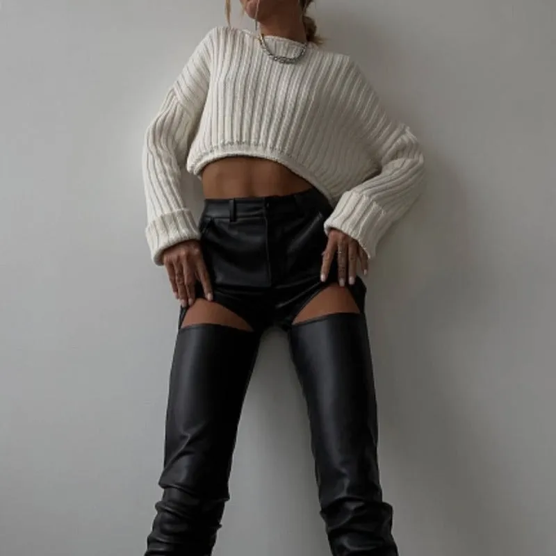 Ribbed Knit Crewneck Cotton Crop Sweater