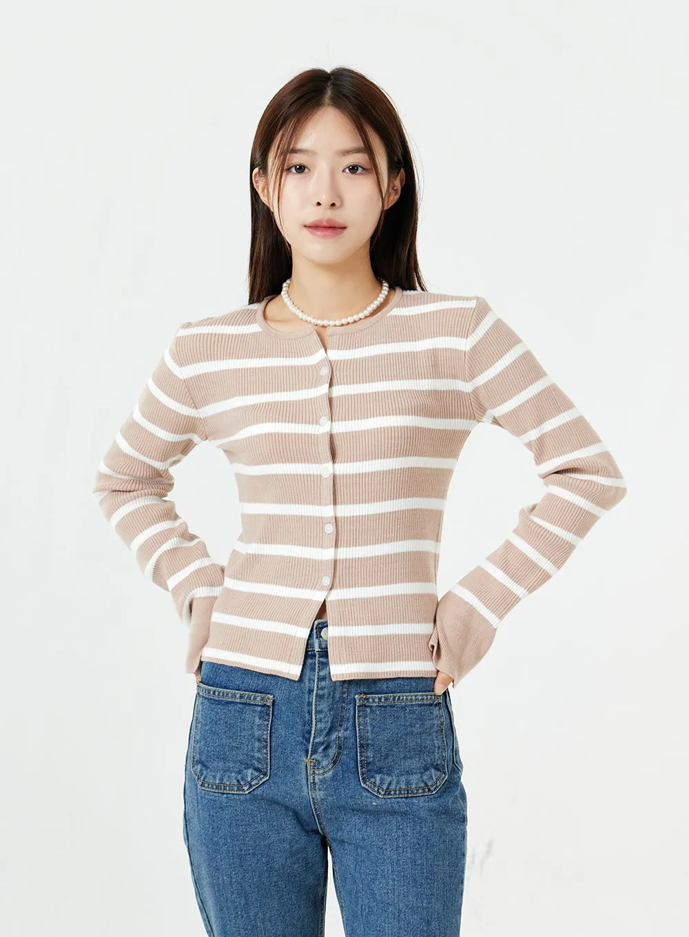 Round Neck Ribbed Stripe Cardigan OS07