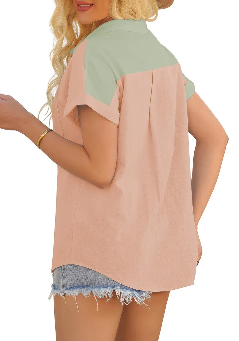 Sage Green Short Sleeves Colorblock Button-Up Top