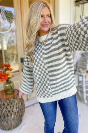 Sharon Round Neck Long Sleeve Checkered Pattern Sweater