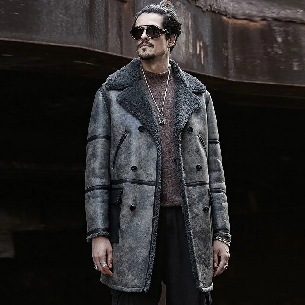 Shearling Coat Mens Gray B3 Bomber Jacket Leather Jacket Mens Winter Coats Long Fur Jacket Trench Coat