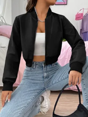 SHEIN EZwear Baseball Collar Zip Up Crop Bomber Jacket