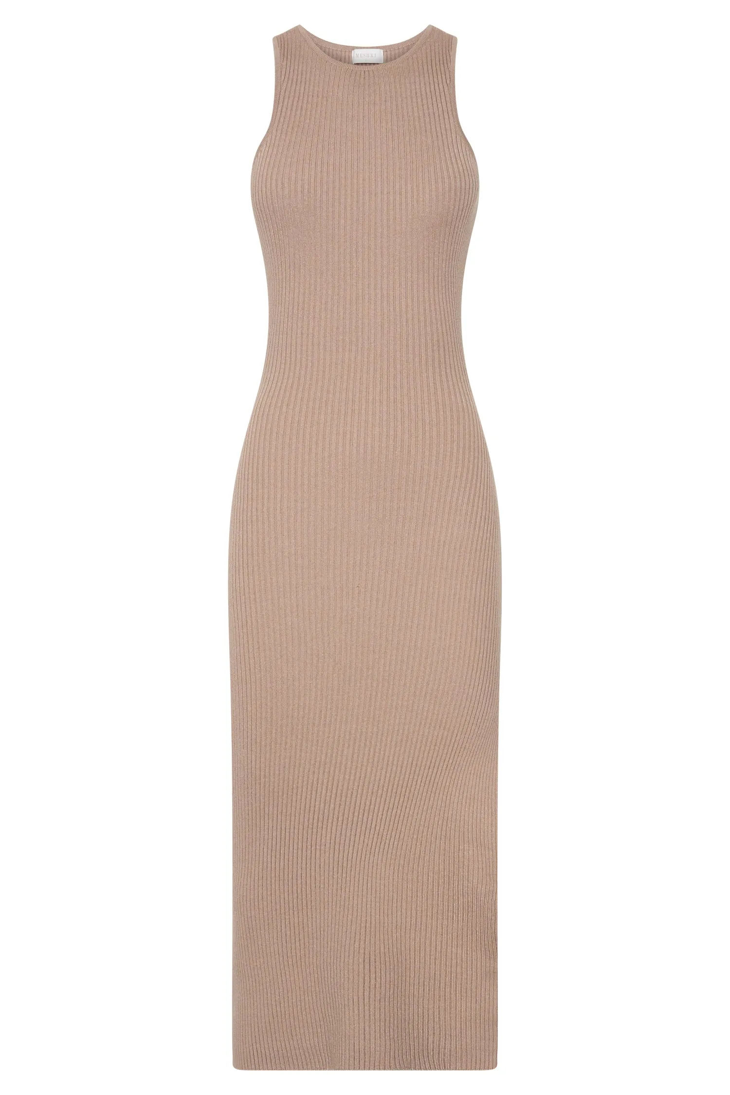 Sienna Knee Length Knit Midi Dress with Side Split - Taupe