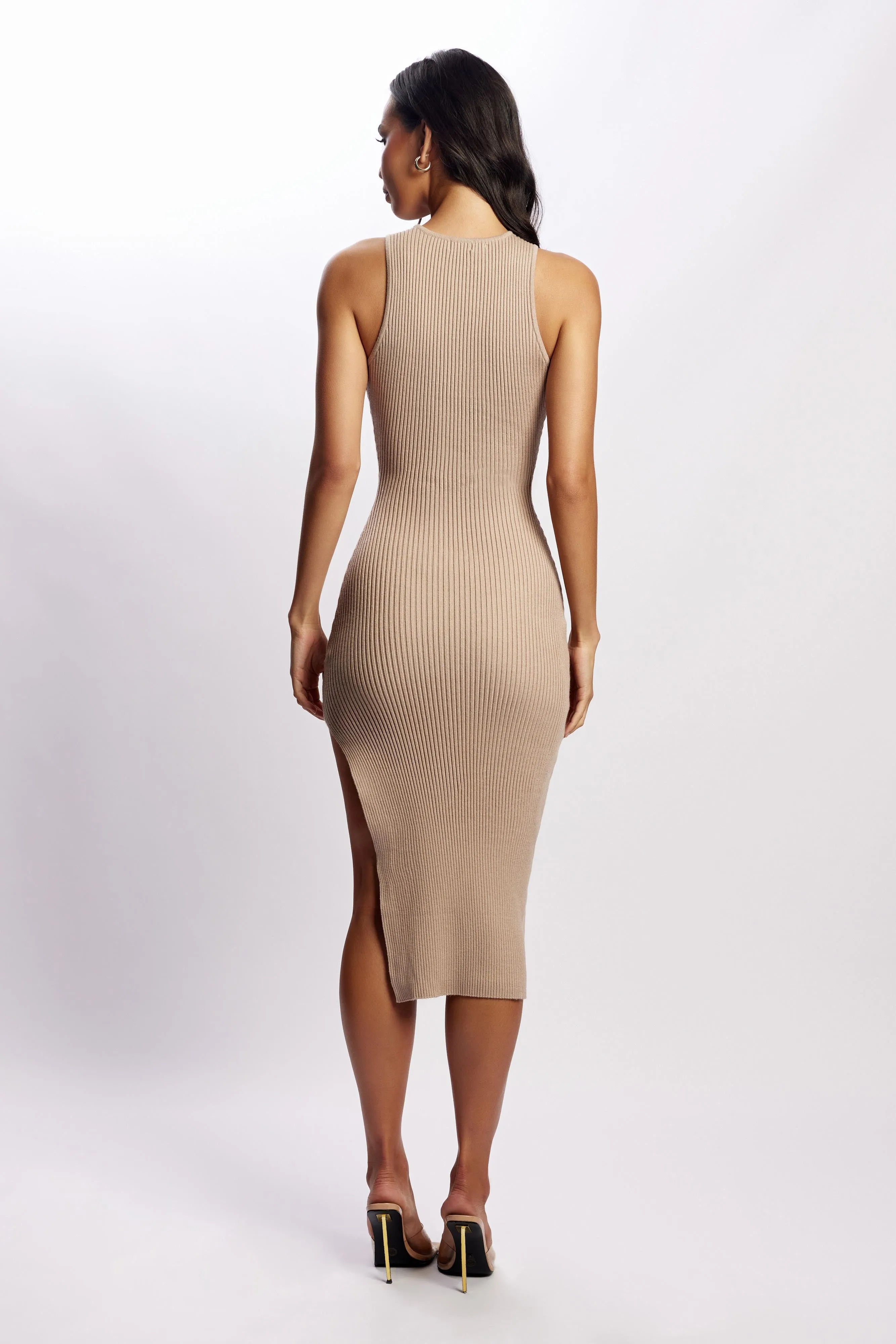 Sienna Knee Length Knit Midi Dress with Side Split - Taupe