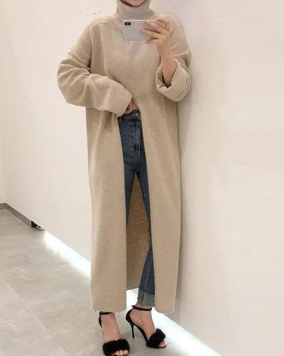 Sleeve Loose Casual Split Over the knee Long Sweater