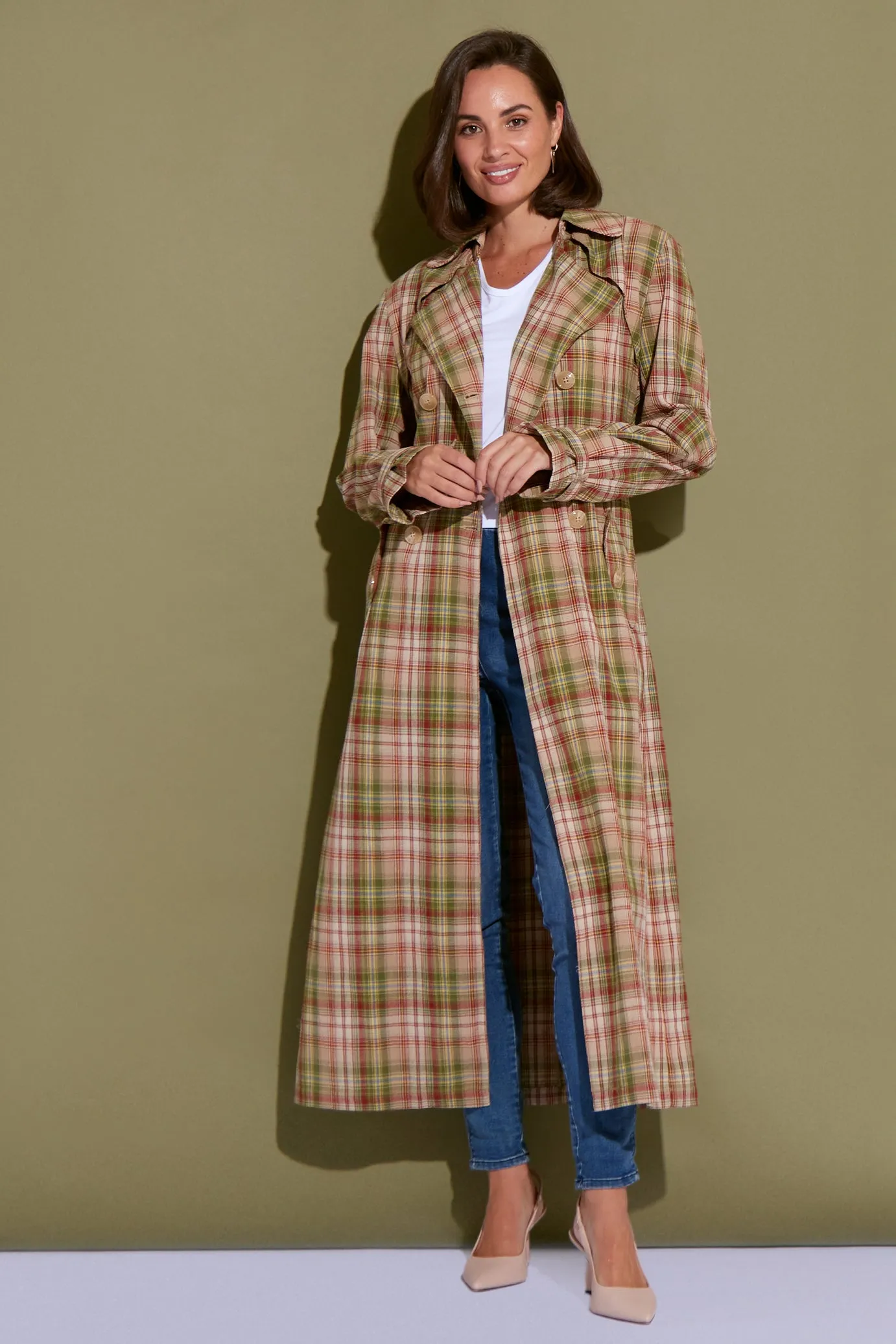 Smith Cotton Trench Coat - Camel/Olive Check