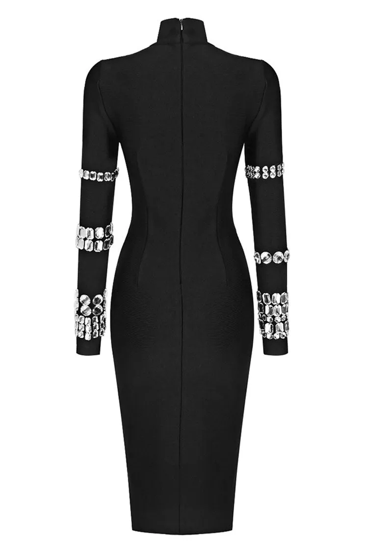 Sparkly Rhinestone High Neck Long Sleeve Bodycon Bandage Knit Midi Dress - Black