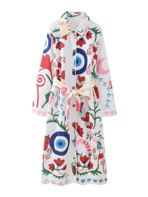 Spring Women Clothing Loose Floral Collared Waistband Trench Coat