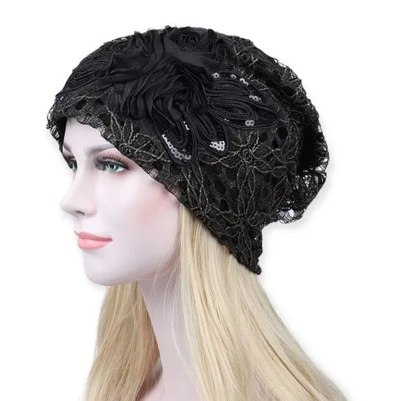 Stylish Floral Lace Sequin Beanie Cap