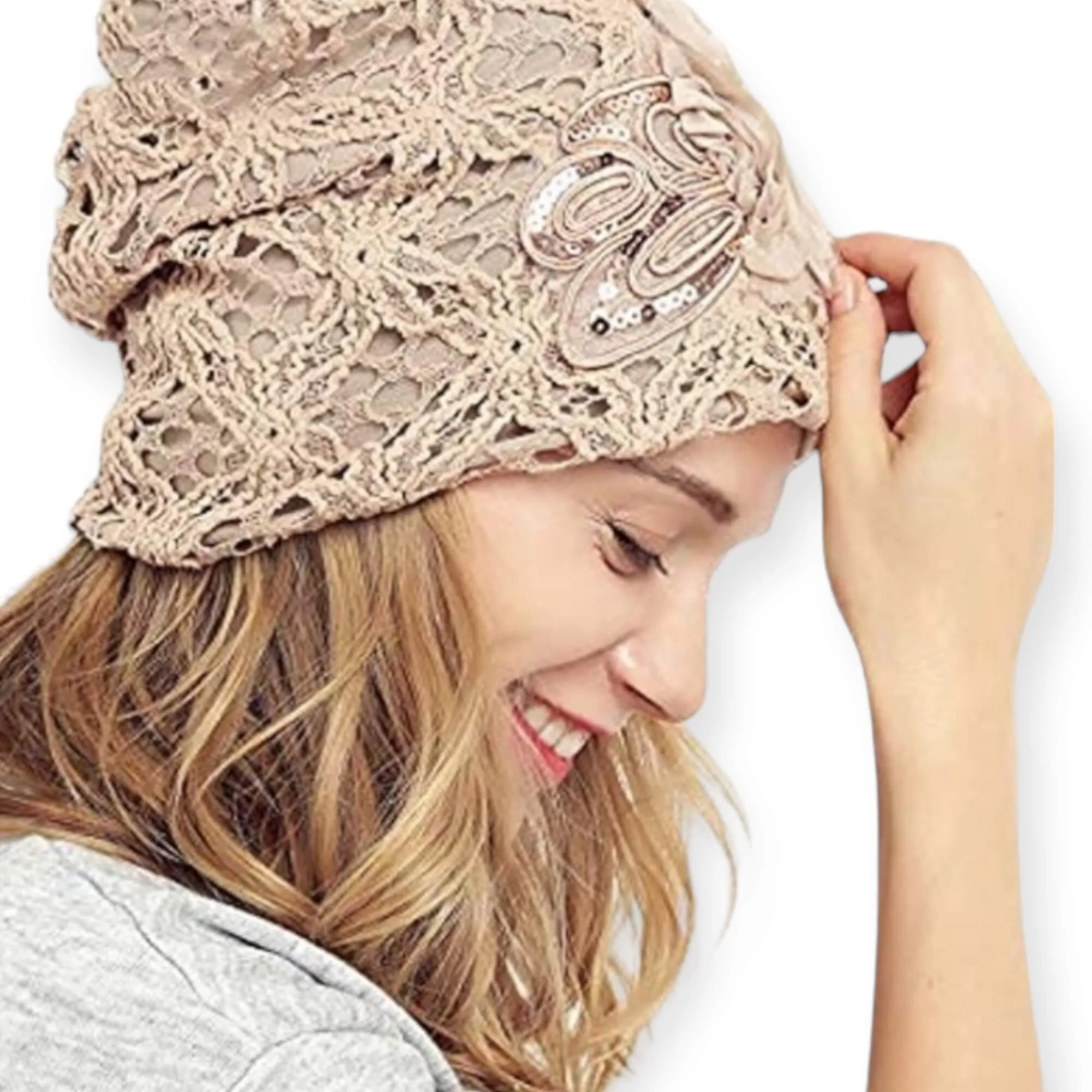 Stylish Floral Lace Sequin Beanie Cap