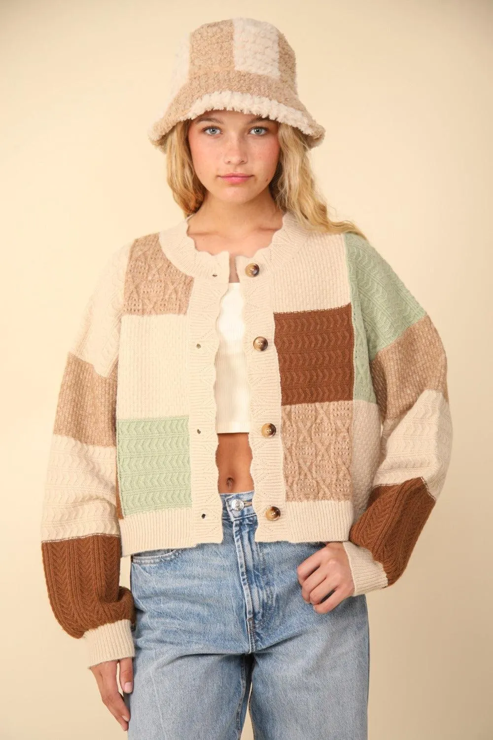 Sweater Cardigan VERY J Color Block Button Down Textured