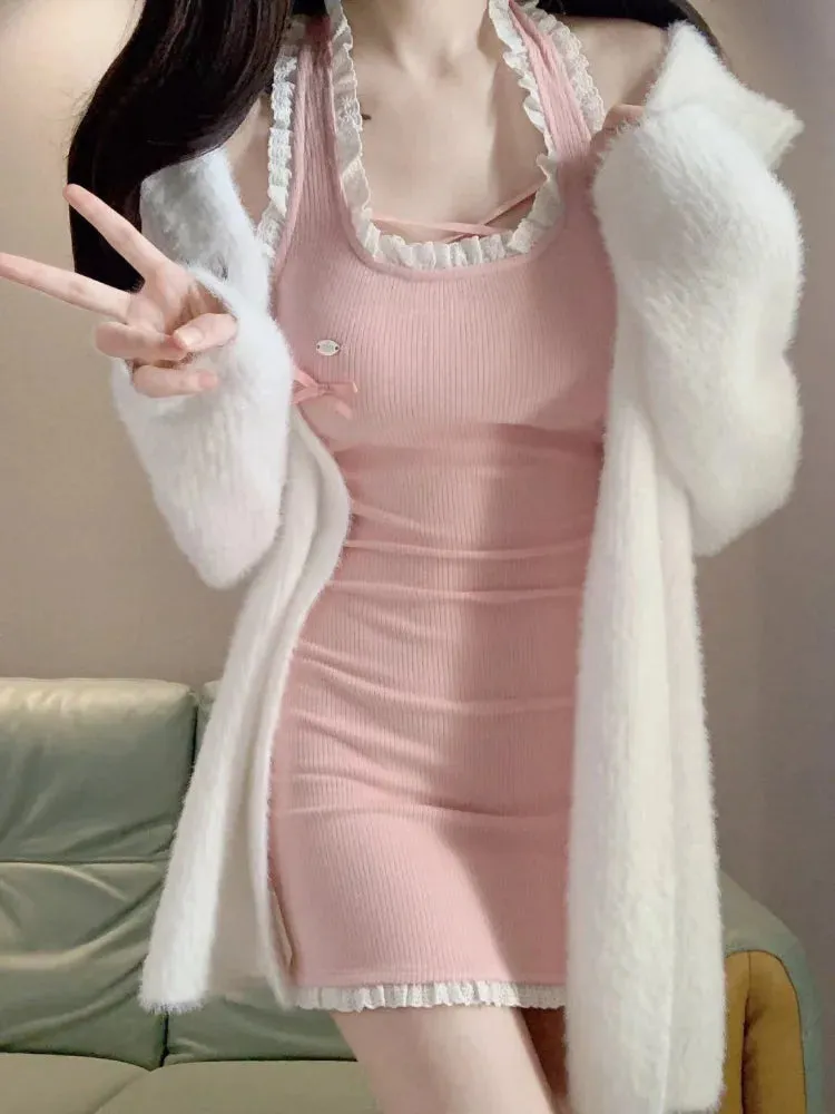 Sweet Kawaii Pink Knit Knitted Halter Dress Women Soft Girl Korean Style Off Shoulder Party Mini Short Dresses Autumn