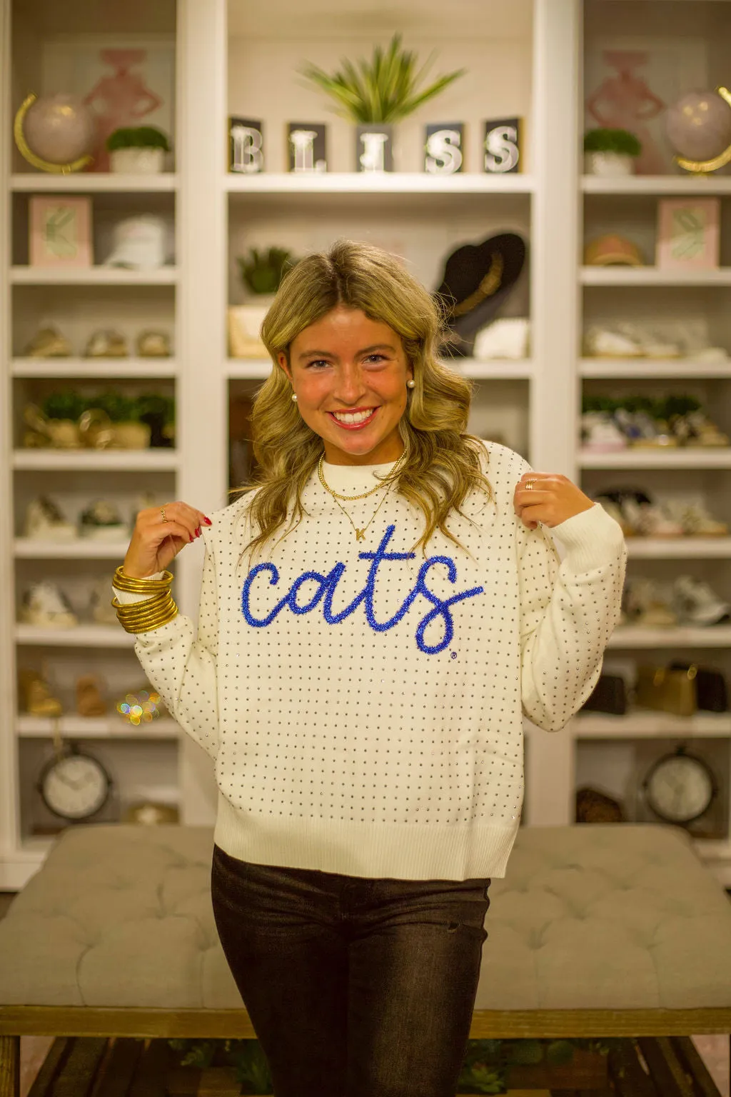 The Cats Rhinestone   Glitter Script Sweater