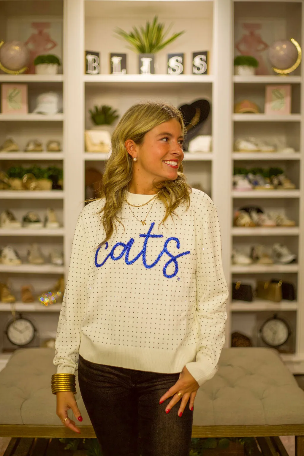 The Cats Rhinestone   Glitter Script Sweater