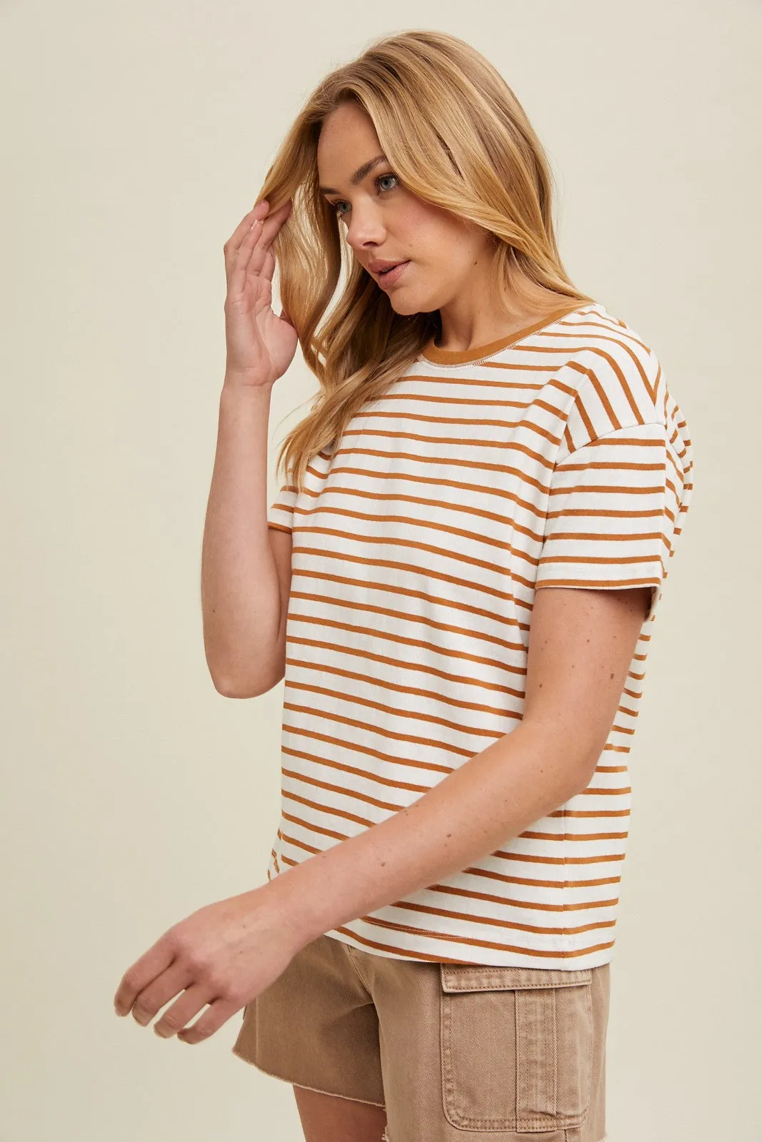 The Ebony Striped Knit Tee in Camel/White