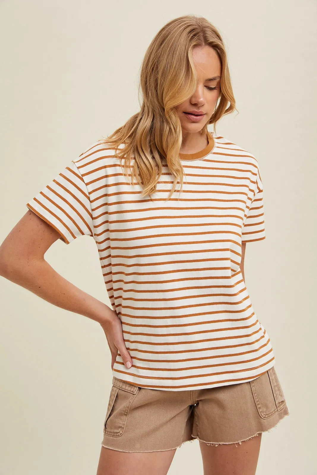 The Ebony Striped Knit Tee in Camel/White