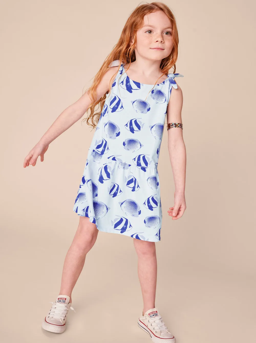 Tie Shoulder Drop Hem Toddler Dress - Angelfish