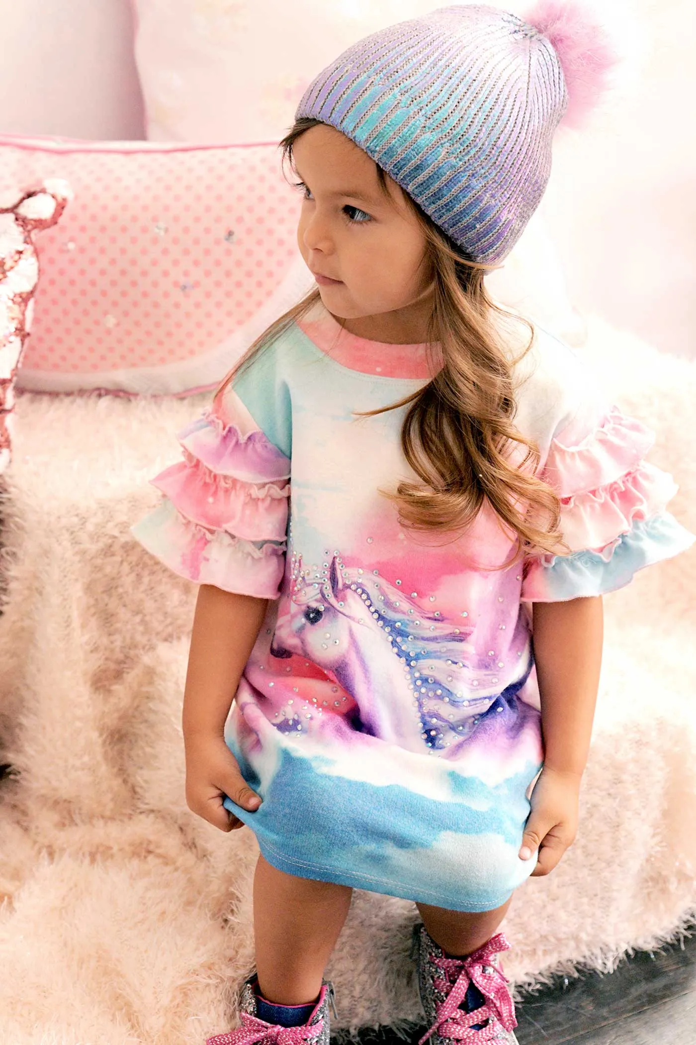 Toddler Girls Ruffled Short Sleeve Unicorn Dress