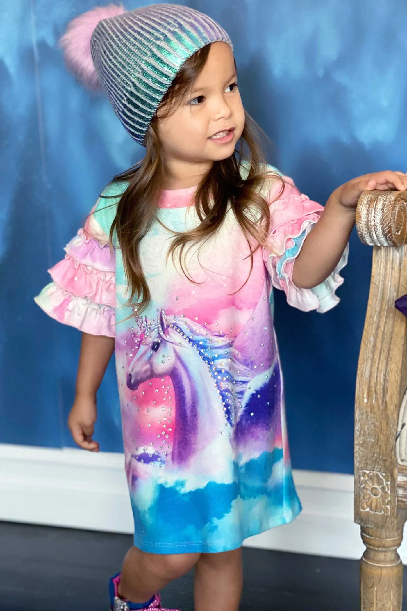 Toddler Girls Ruffled Short Sleeve Unicorn Dress