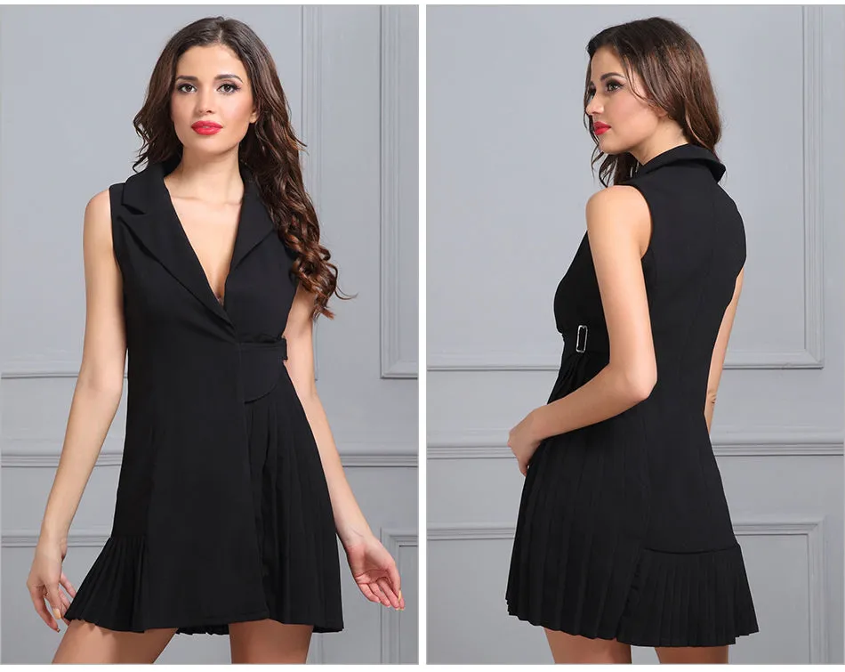 Trench Black V-Neck Ruched Skirt Style Belt Coat Sleeveless Long Style Women Formal Coat