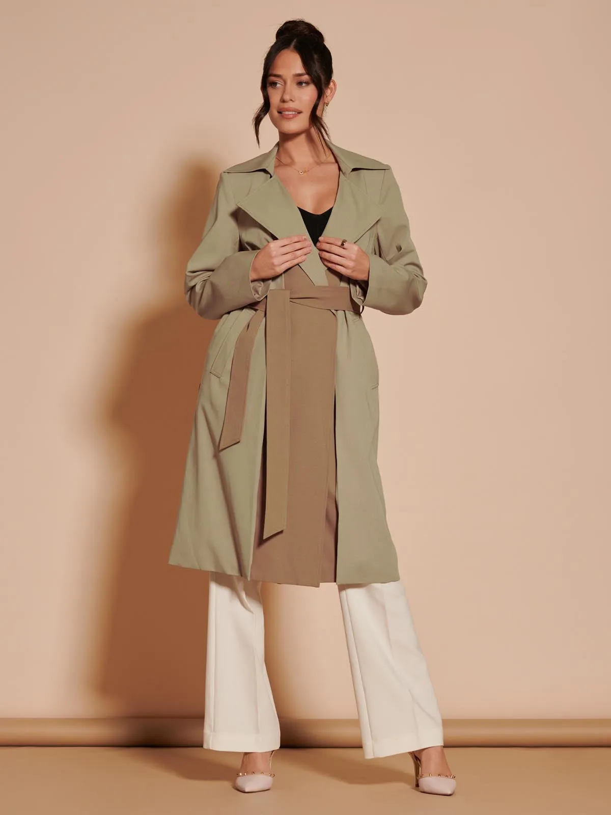 Two Tone Contrast Trench Coat, Khaki