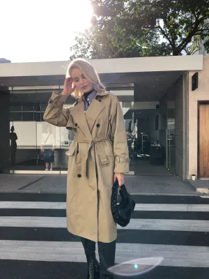 UK Fashion Fall Casual Double Breasted Simple Classic Long Trench Chic Female Windbreaker Coat