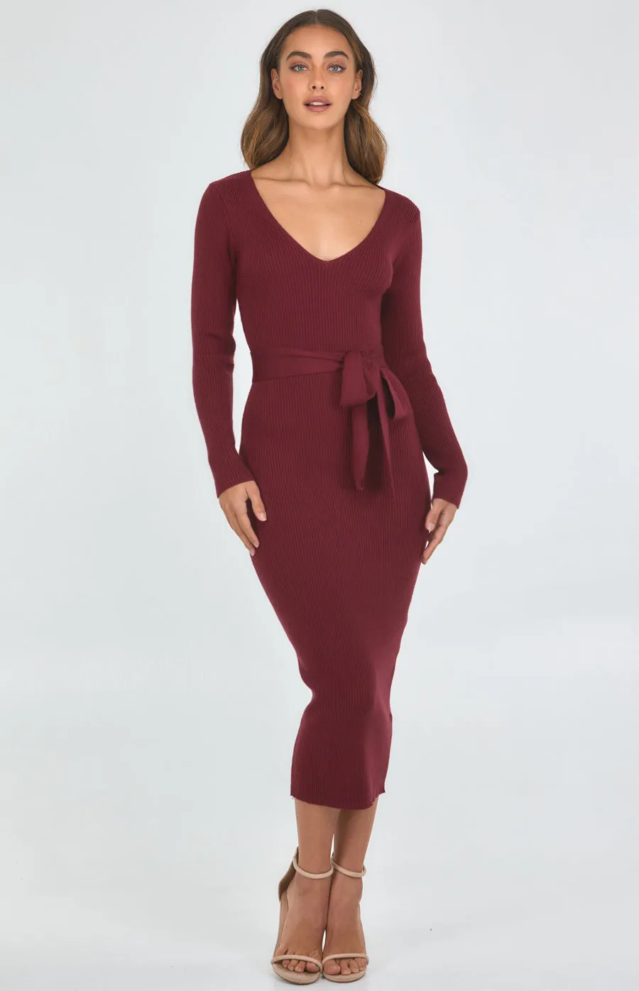 V-Neck Fitted Knit Dress With Side Split