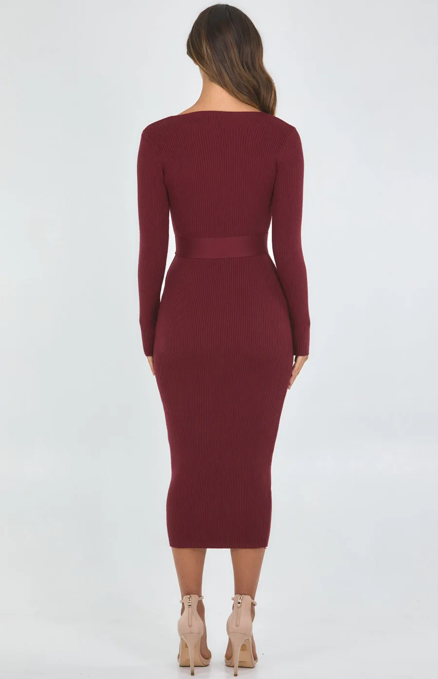 V-Neck Fitted Knit Dress With Side Split