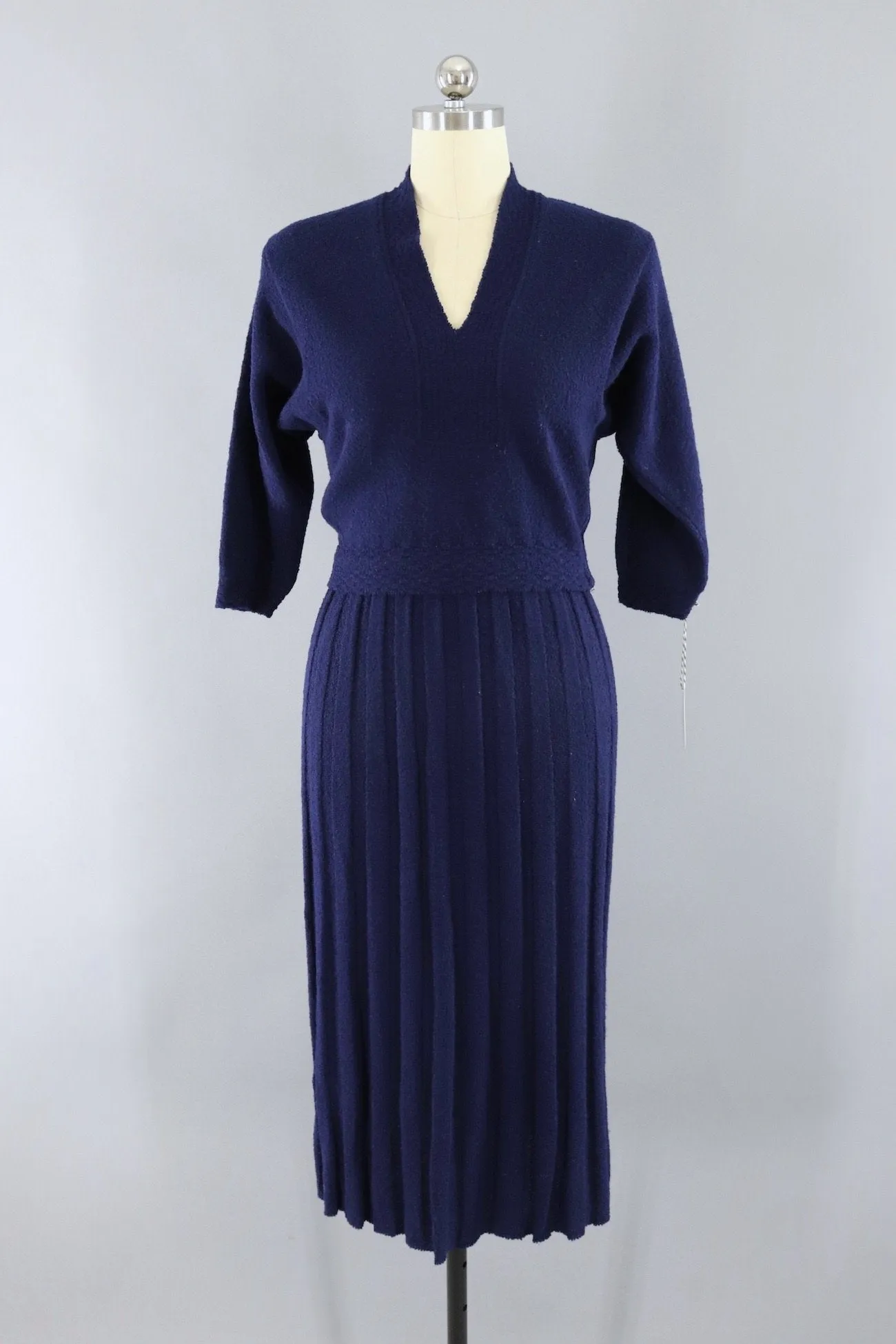 Vintage 1930s - 1940s Navy Blue Wool Knit Sweater and Skirt Set