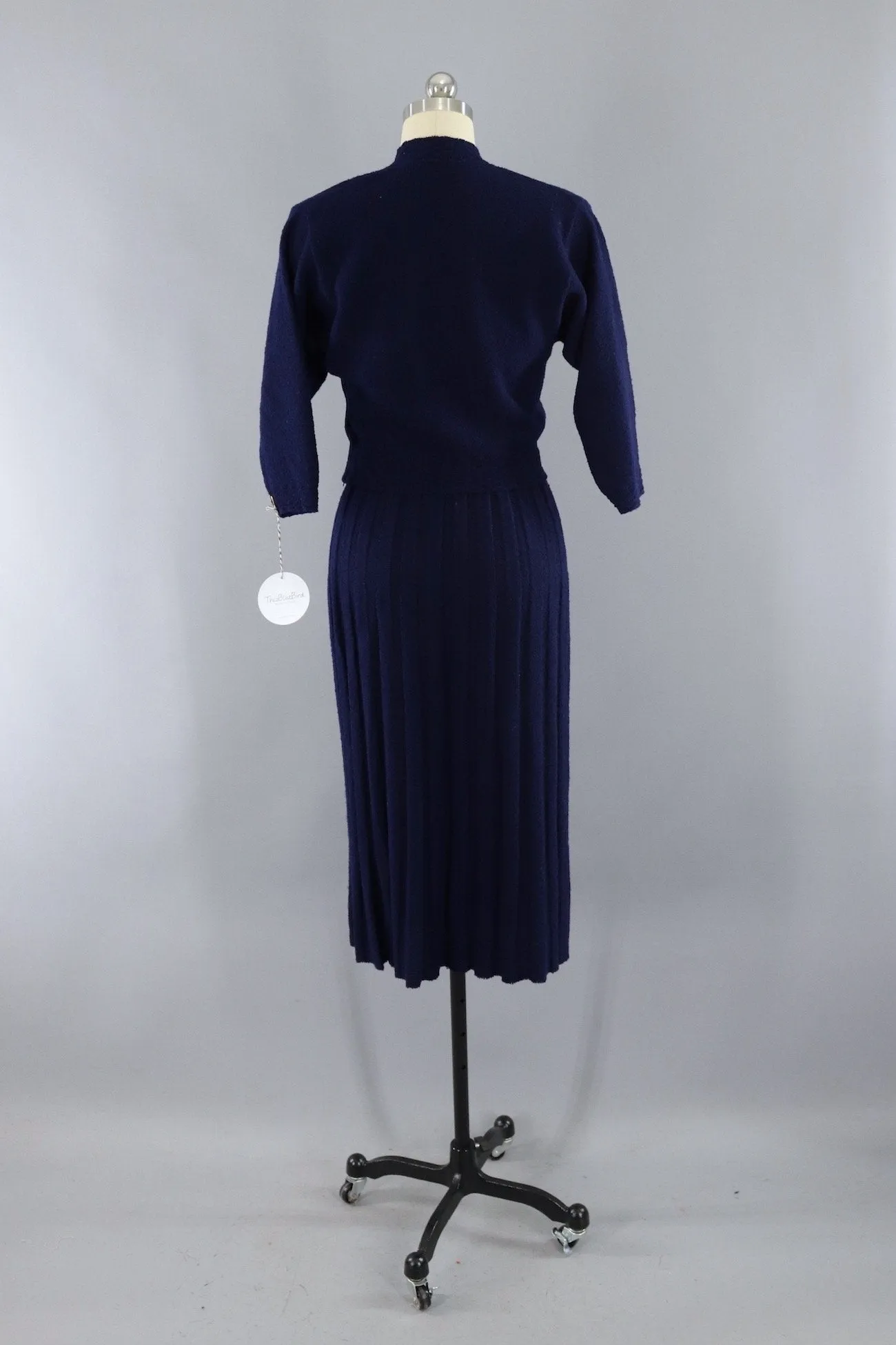 Vintage 1930s - 1940s Navy Blue Wool Knit Sweater and Skirt Set