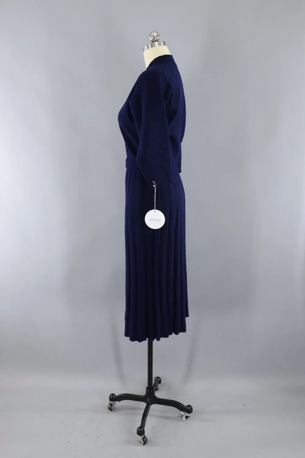 Vintage 1930s - 1940s Navy Blue Wool Knit Sweater and Skirt Set