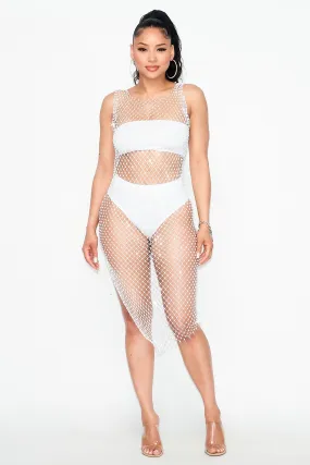 White Rhinestone Fishnet Kimono Dress