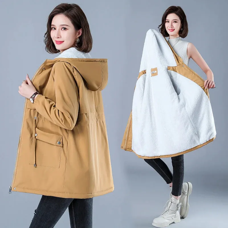 Winter Jacket Cotton Warm Puffer Coat Women Casual Parkas With Lining Plush hooded trench Outwear Women's Clothes