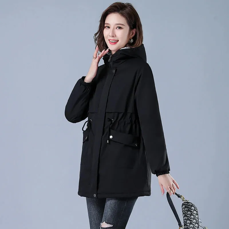 Winter Jacket Cotton Warm Puffer Coat Women Casual Parkas With Lining Plush hooded trench Outwear Women's Clothes