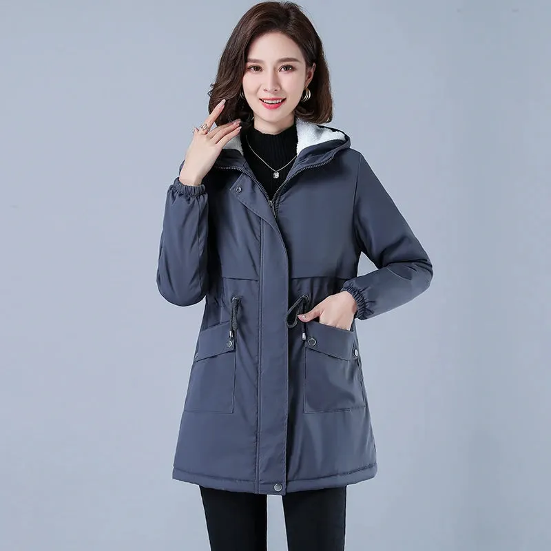 Winter Jacket Cotton Warm Puffer Coat Women Casual Parkas With Lining Plush hooded trench Outwear Women's Clothes