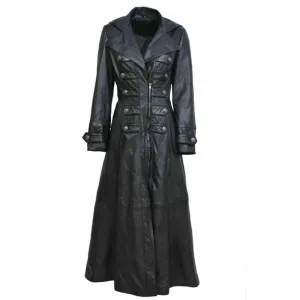 Women Black Leather Trench Military Long Coat