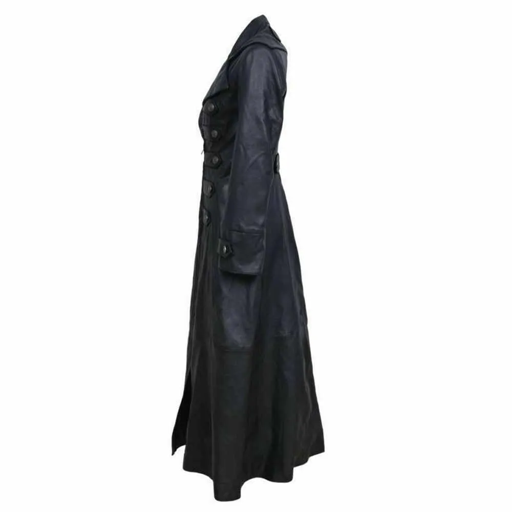 Women Black Leather Trench Military Long Coat