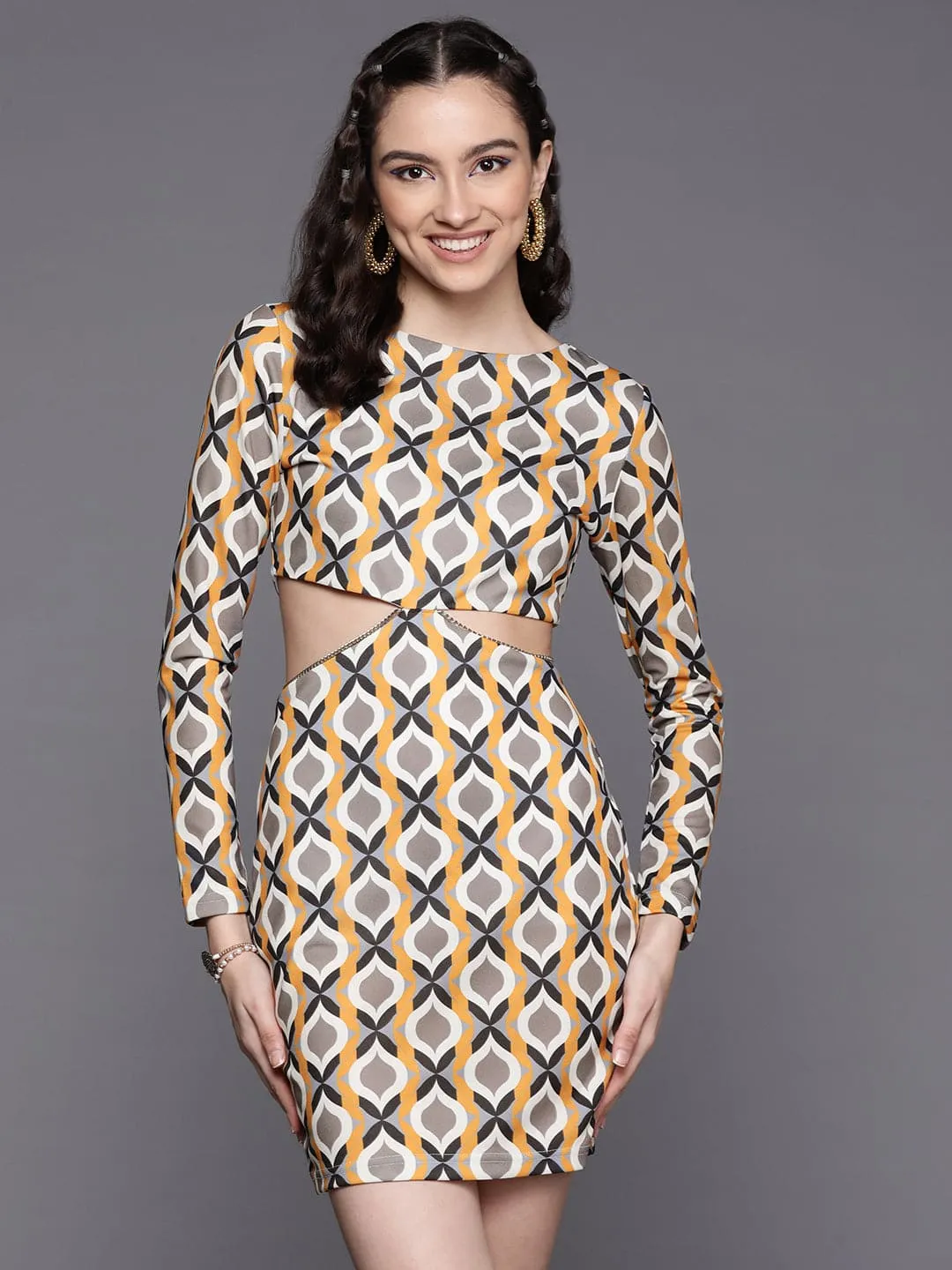 Women Mustard Geometric Side Cut Out Dress