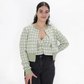 Women's 2 Pieces Plaid Crop And Buttons Sweater,Light Green