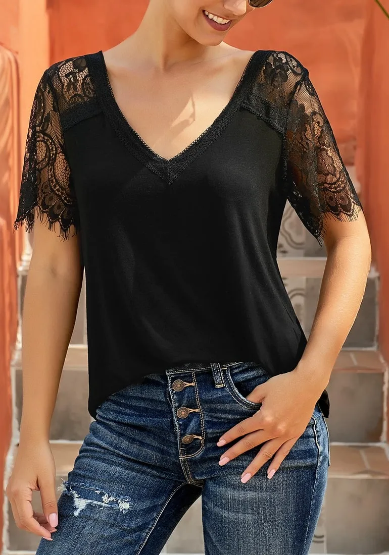 Women's Summer Scalloped Lace Short Sleeves V Neck Tops Tee Shirt