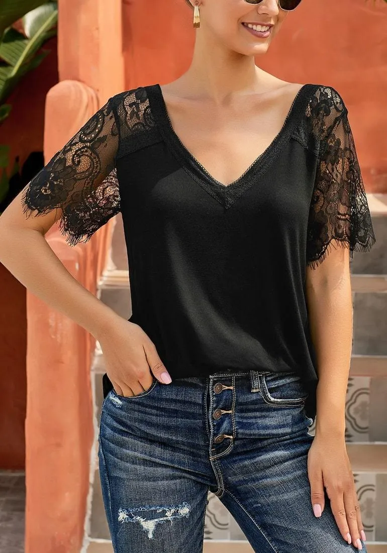 Women's Summer Scalloped Lace Short Sleeves V Neck Tops Tee Shirt