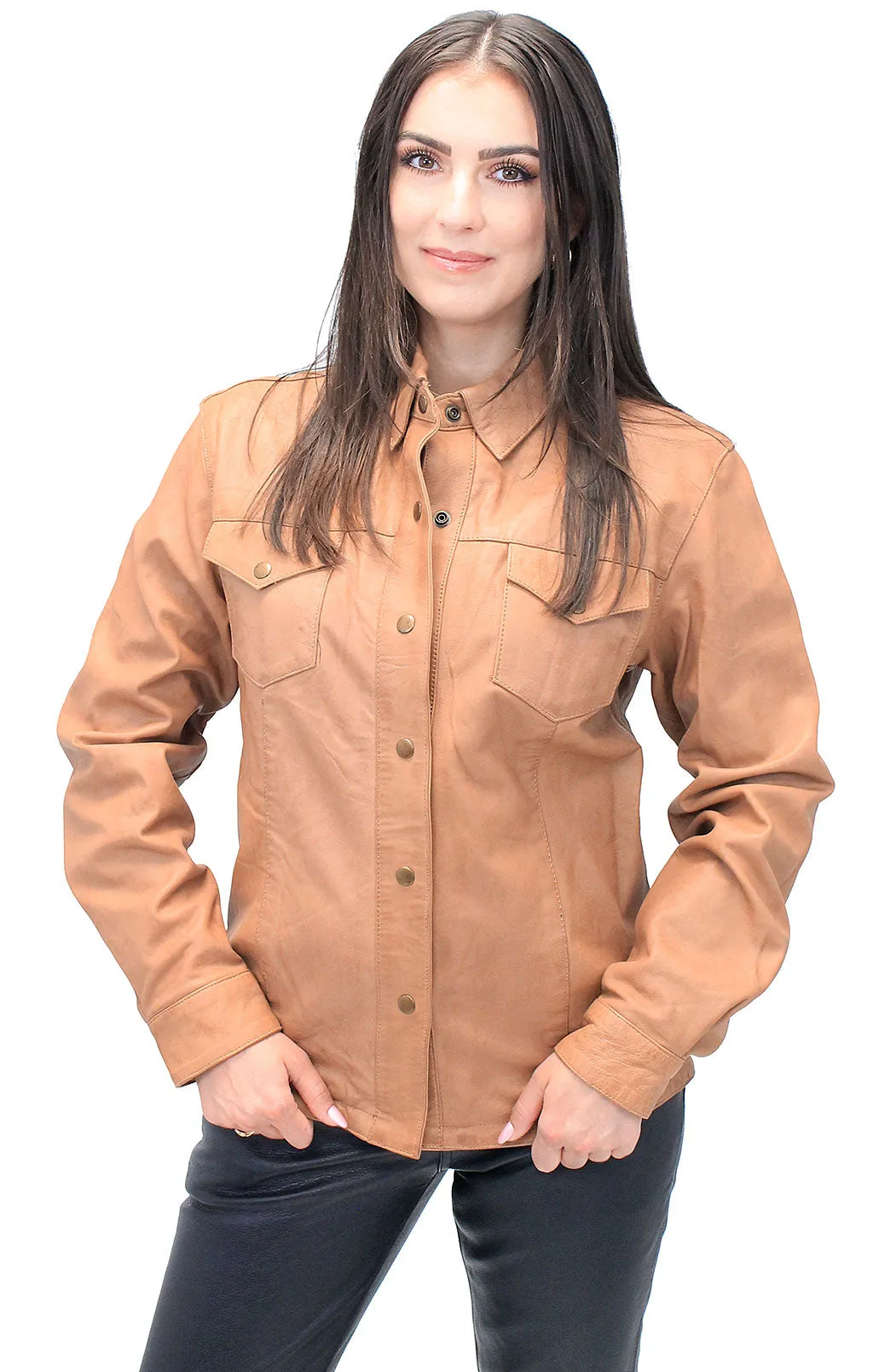 Women's Vintage Tan Soft Lambskin Leather Shirt  #LSA862T ()