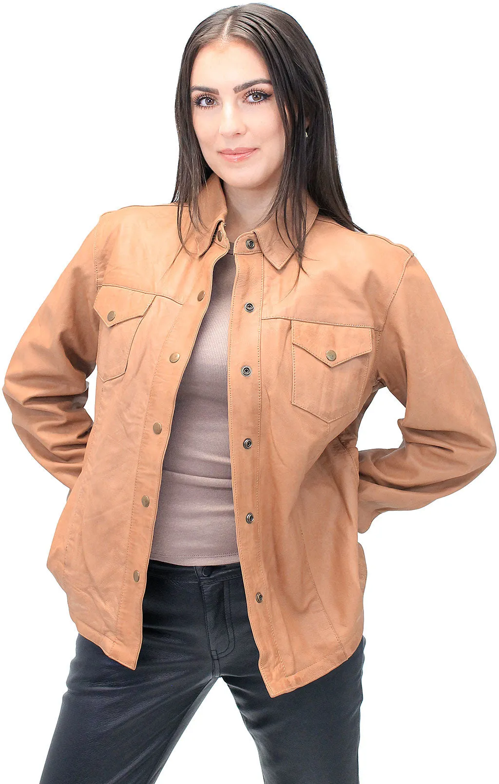 Women's Vintage Tan Soft Lambskin Leather Shirt  #LSA862T ()