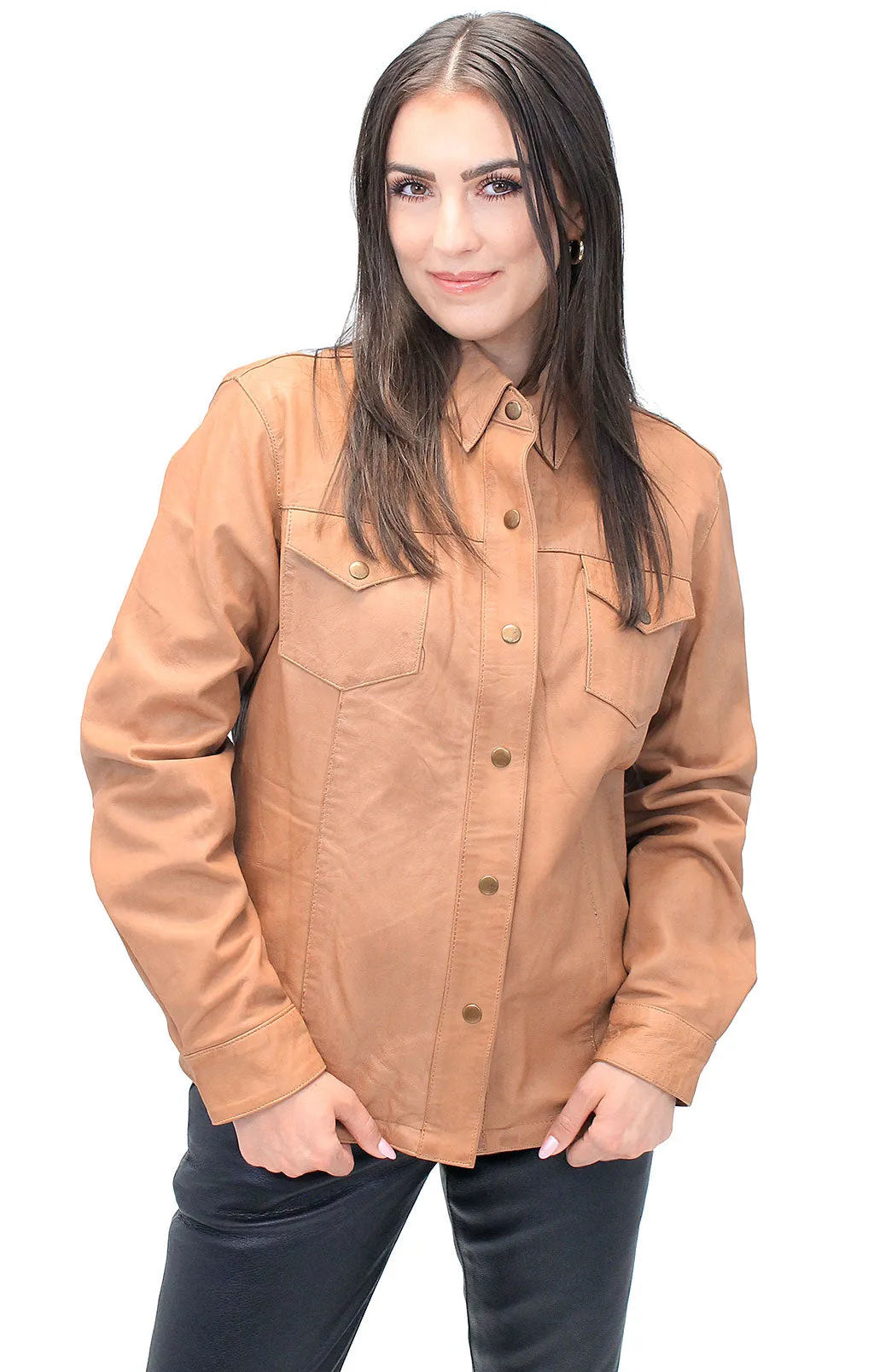 Women's Vintage Tan Soft Lambskin Leather Shirt  #LSA862T ()